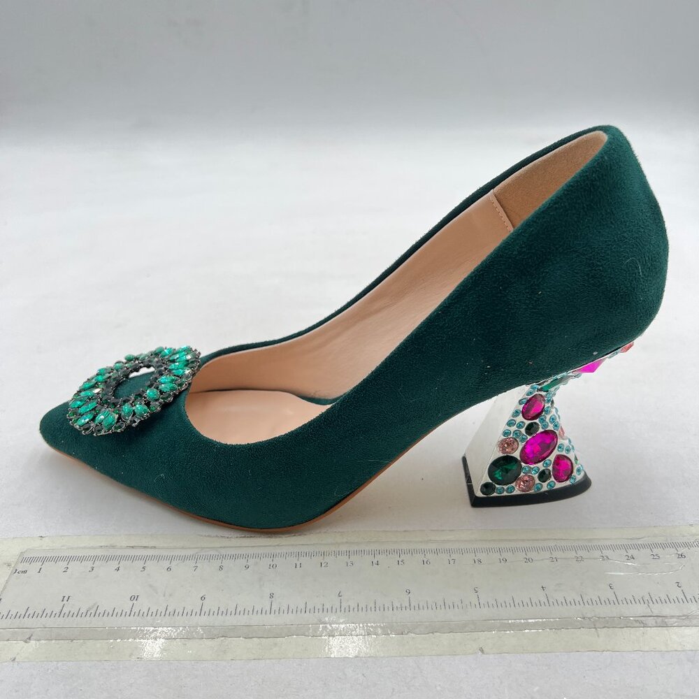 YDN Green Studded Buckle Pumps Rhinestone Slip On Crystal Chunky High Heel Shoes